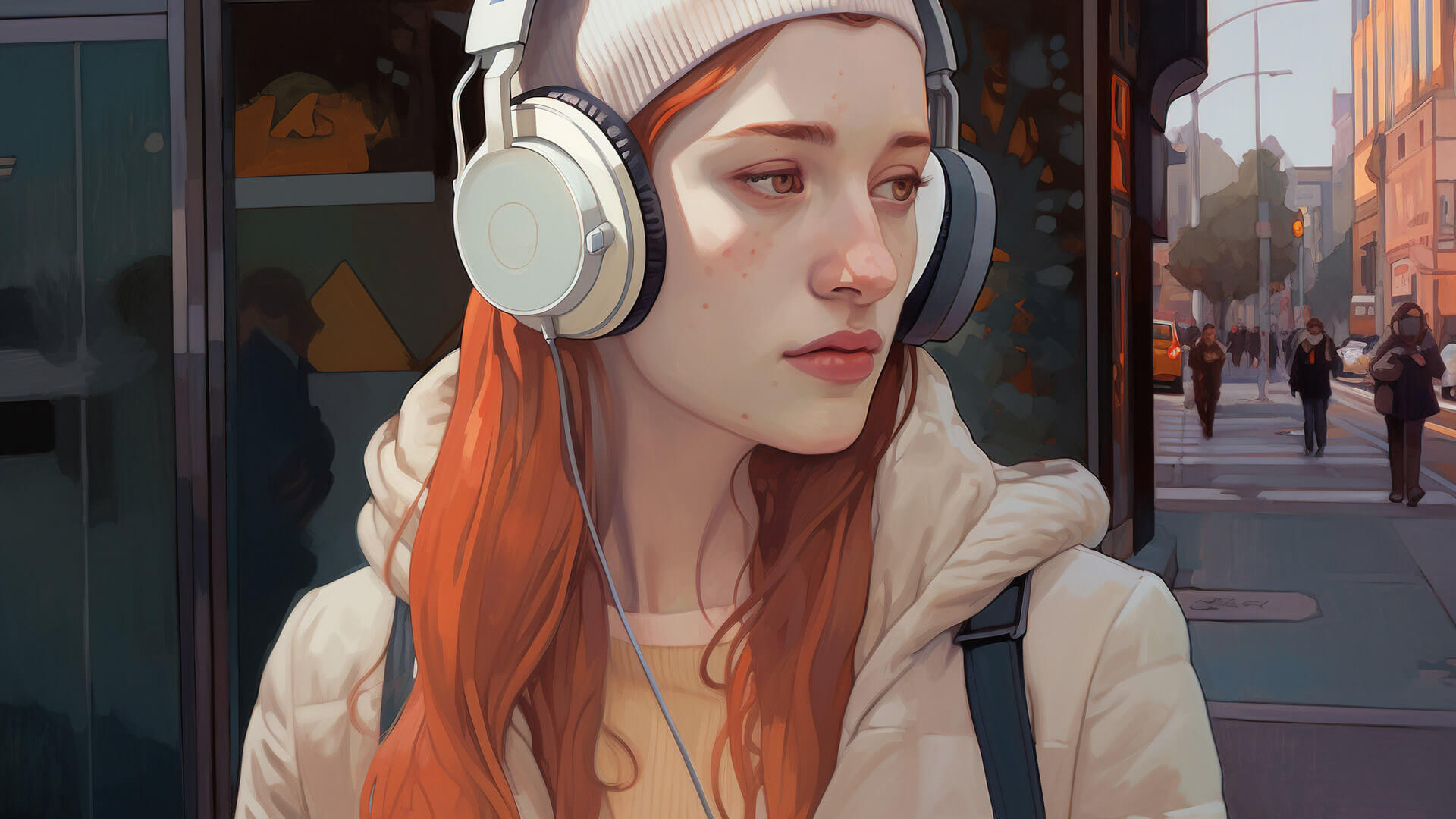 woman listening to headphones on the street