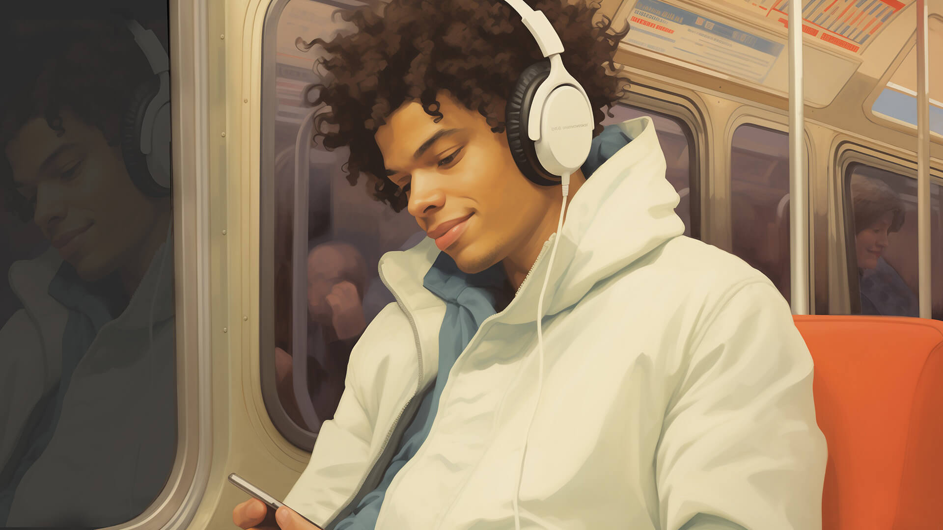 Man listening to headphones on the subway
