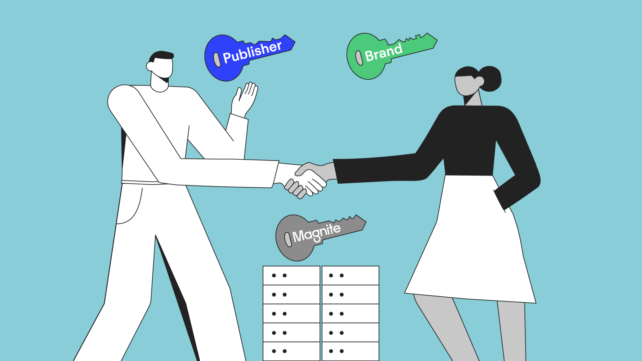 Man and woman shaking hands over keys